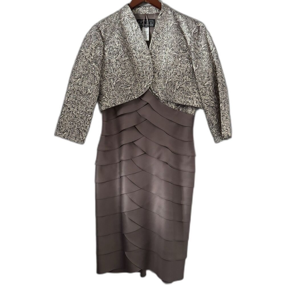 Alex Evenings 2pc Tiered Sheath Dress & Metallic Jacquard Jacket Set Size 10